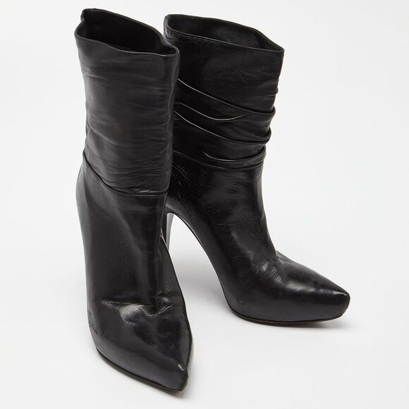 Le Silla Black Leather Rucched Detail Ankle Length Pointed Toe Boots Size 36.5 - Picture 4 of 4